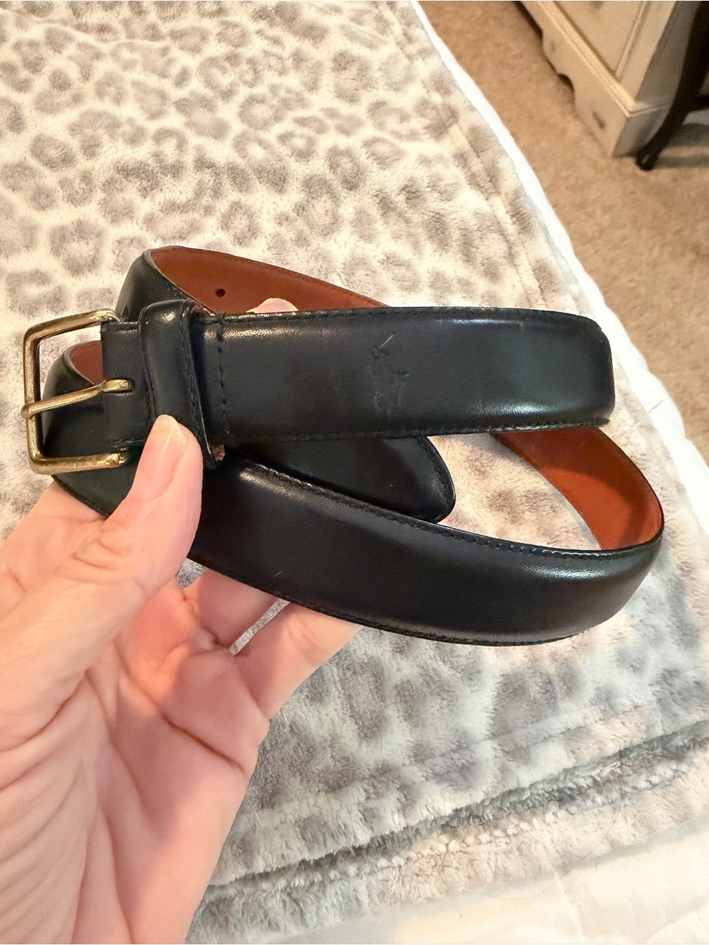 Polo Ralph Lauren Traditional Black Leather Belt Brass Buckle Player Embossed 36